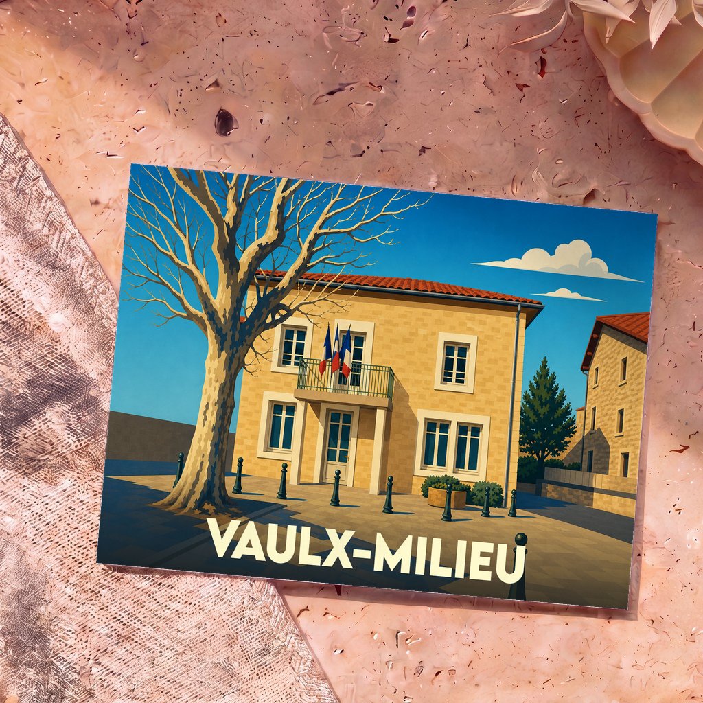 Carte postale souvenir de la ville de Vaulx-Milieu illustrant une mairie ensoleillée bordée d'un grand arbre.