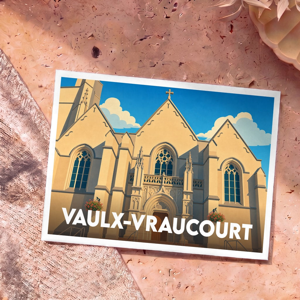 Carte postale souvenir de la ville de Vaulx-Vraucourt illustrant son église dans un style graphique épuré.