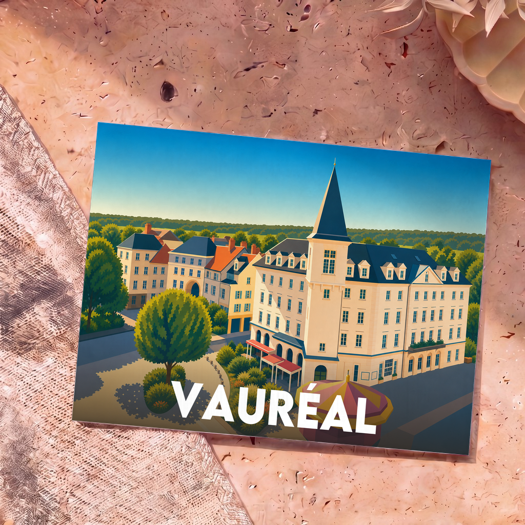 Carte postale souvenir de la ville de Vauréal avec une illustration stylisée.