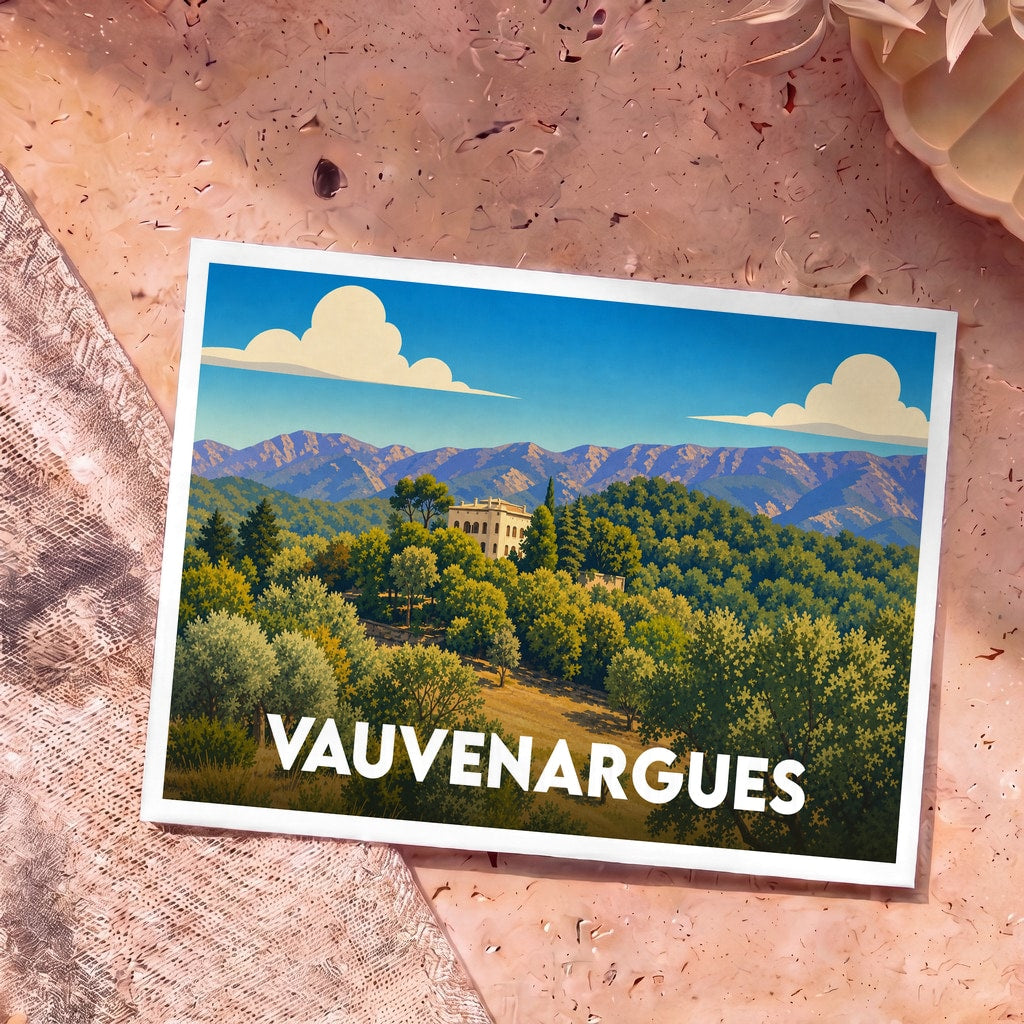Carte postale souvenir de la ville de Vauvenargues avec une illustration stylisée d'un paysage provençal.