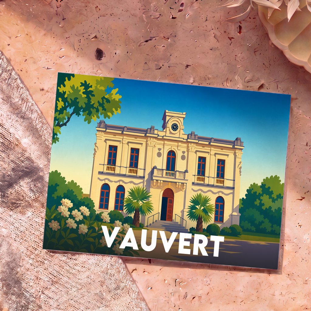 Carte postale souvenir de la ville de Vauvert illustrant son hôtel de ville dans un style graphique épuré.