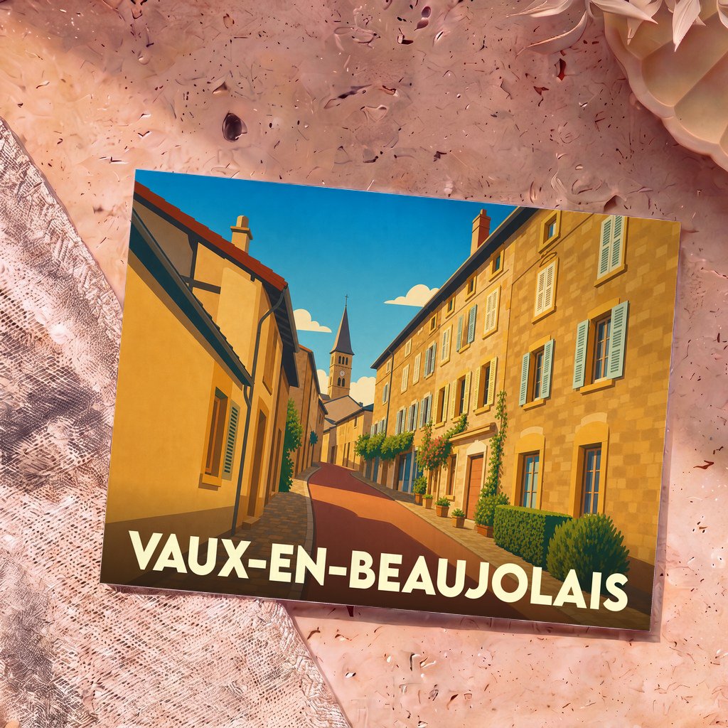 Carte postale souvenir de la ville de Vaux-en-Beaujolais avec une illustration stylisée de ses rues et de son église.