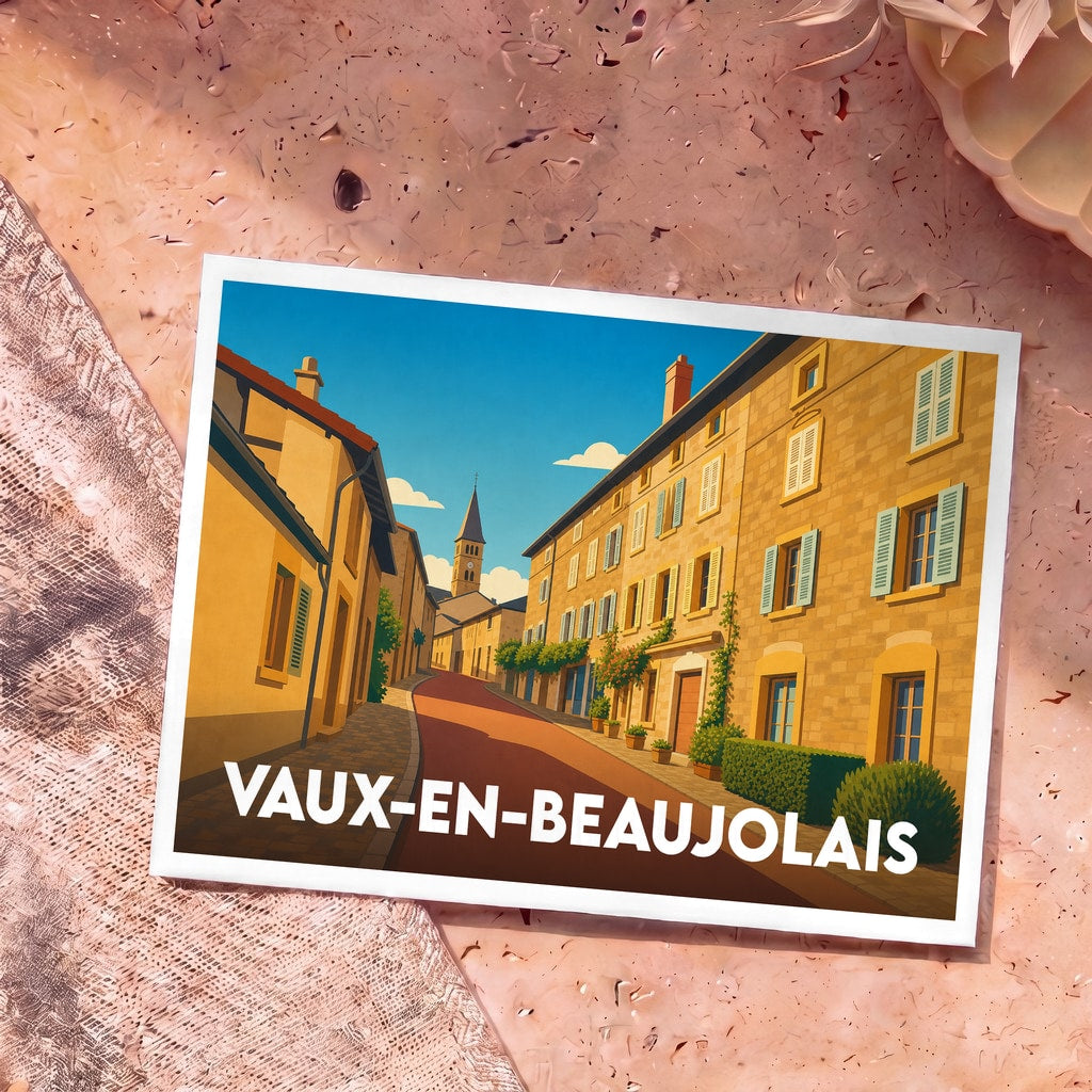 Carte postale souvenir de la ville de Vaux-en-Beaujolais avec une illustration stylisée de ses rues et de son église.