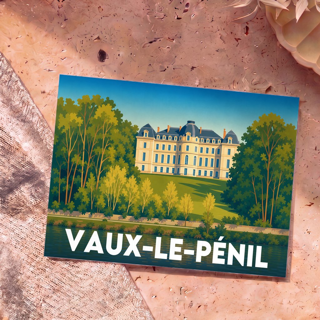 Carte postale souvenir de la ville de Vaux-le-Pénil avec une illustration stylisée du château.
