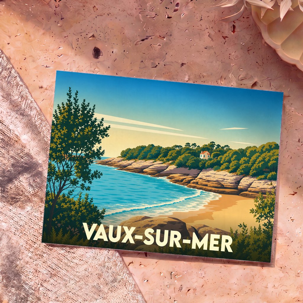 Carte postale souvenir de Vaux-sur-Mer illustrant une crique ensoleillée dans un style rétro et coloré.
