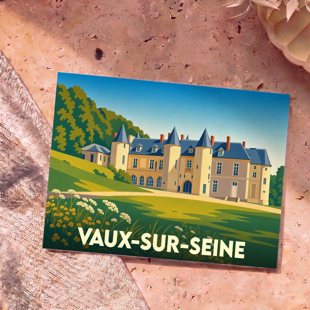 Carte postale souvenir de la ville de Vaux-sur-Seine avec une illustration stylisée de son château.