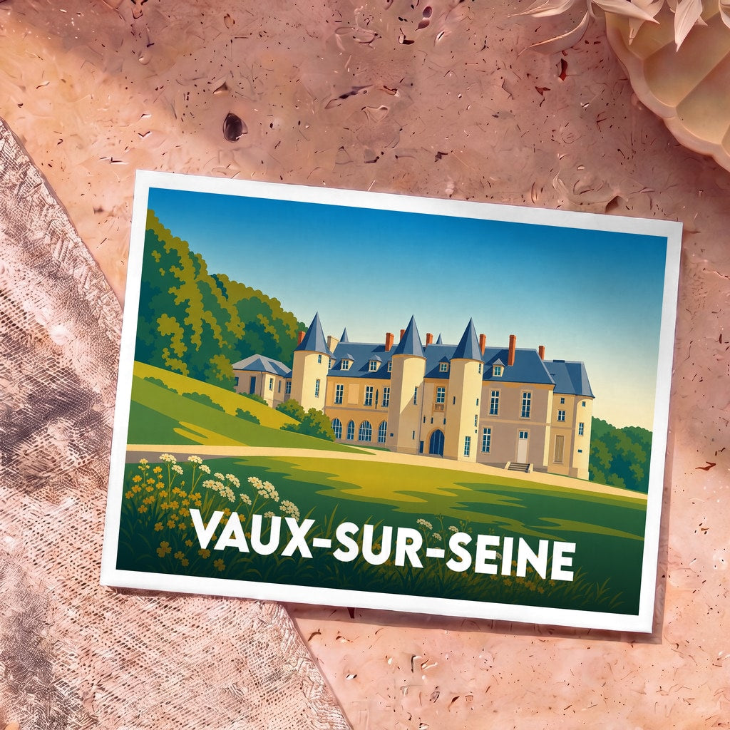 Carte postale souvenir de la ville de Vaux-sur-Seine avec une illustration stylisée de son château.