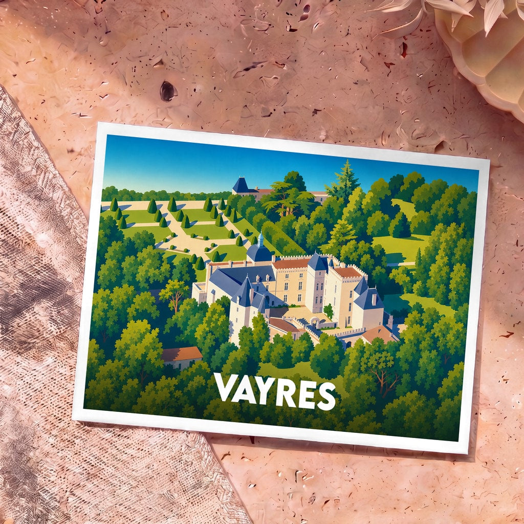 Carte postale souvenir de la ville de Vayres avec une illustration stylisée de son château.