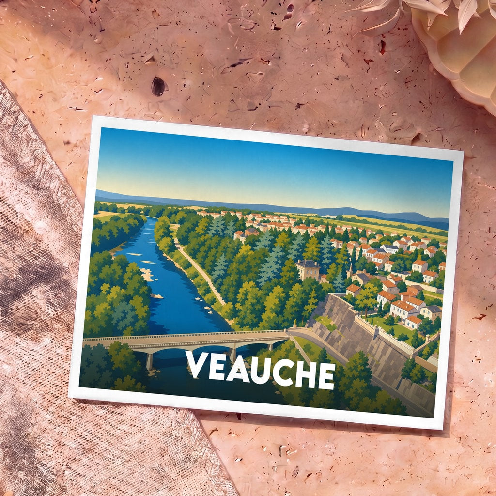 Carte postale souvenir de la ville de Veauche avec une illustration stylisée d'un pont enjambant une rivière.