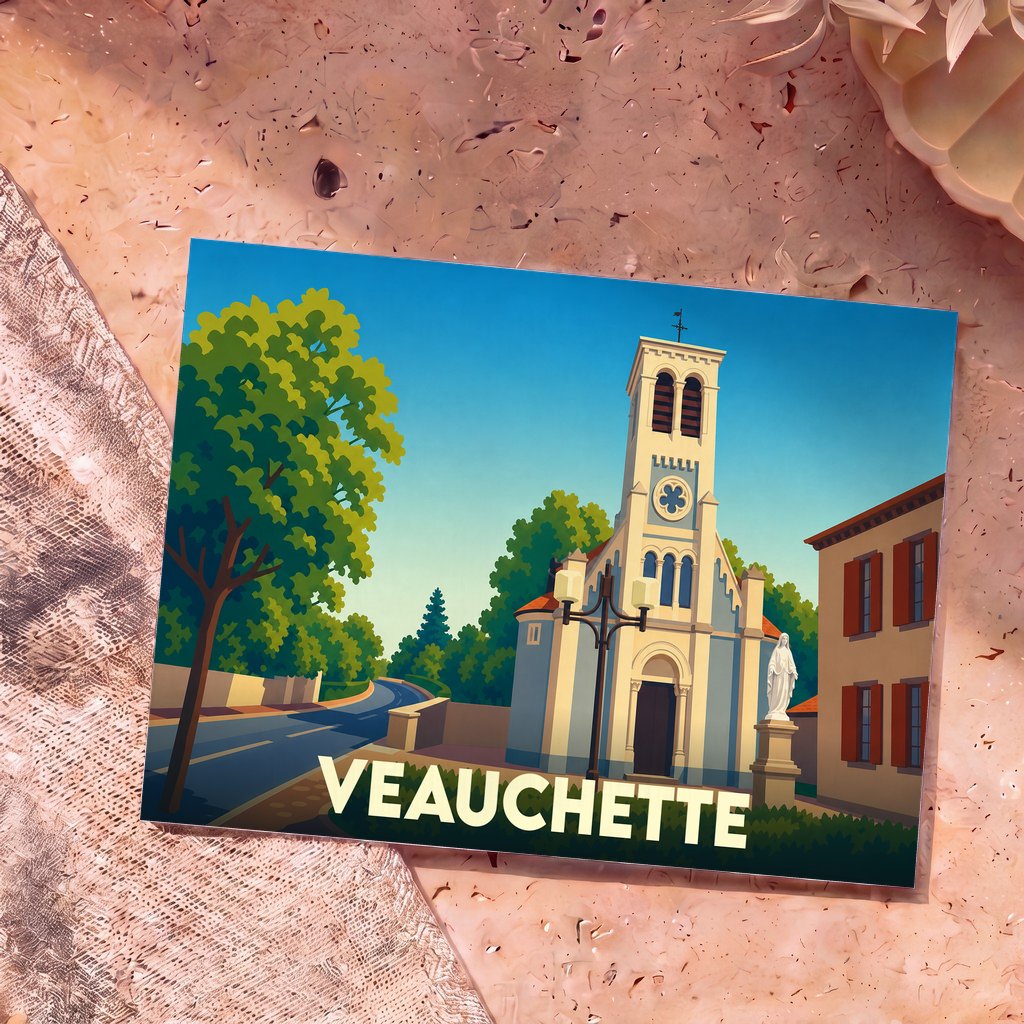 Carte postale souvenir de la ville de Veauchette avec une illustration stylisée de son église et d'une statue.