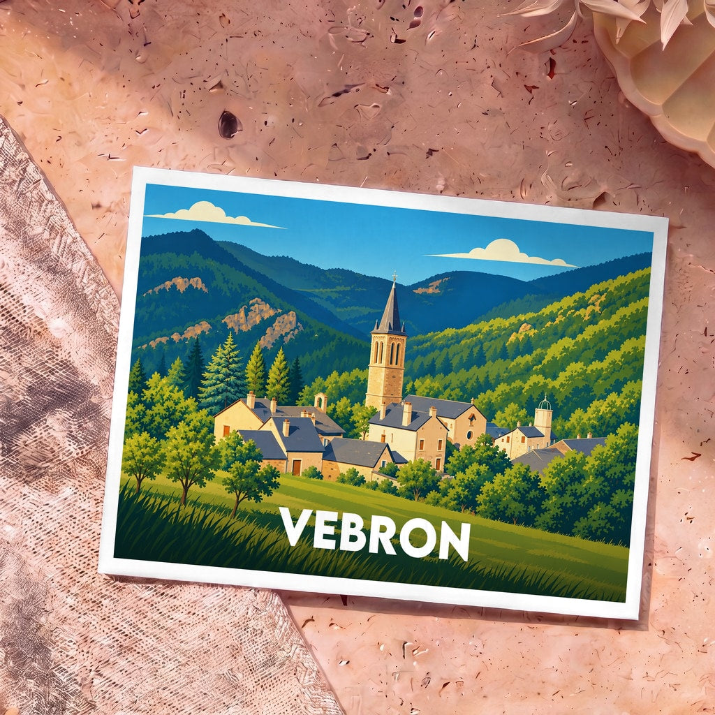 Carte postale souvenir de la ville de Vebron avec une illustration stylisée de son église et de ses paysages montagneux.