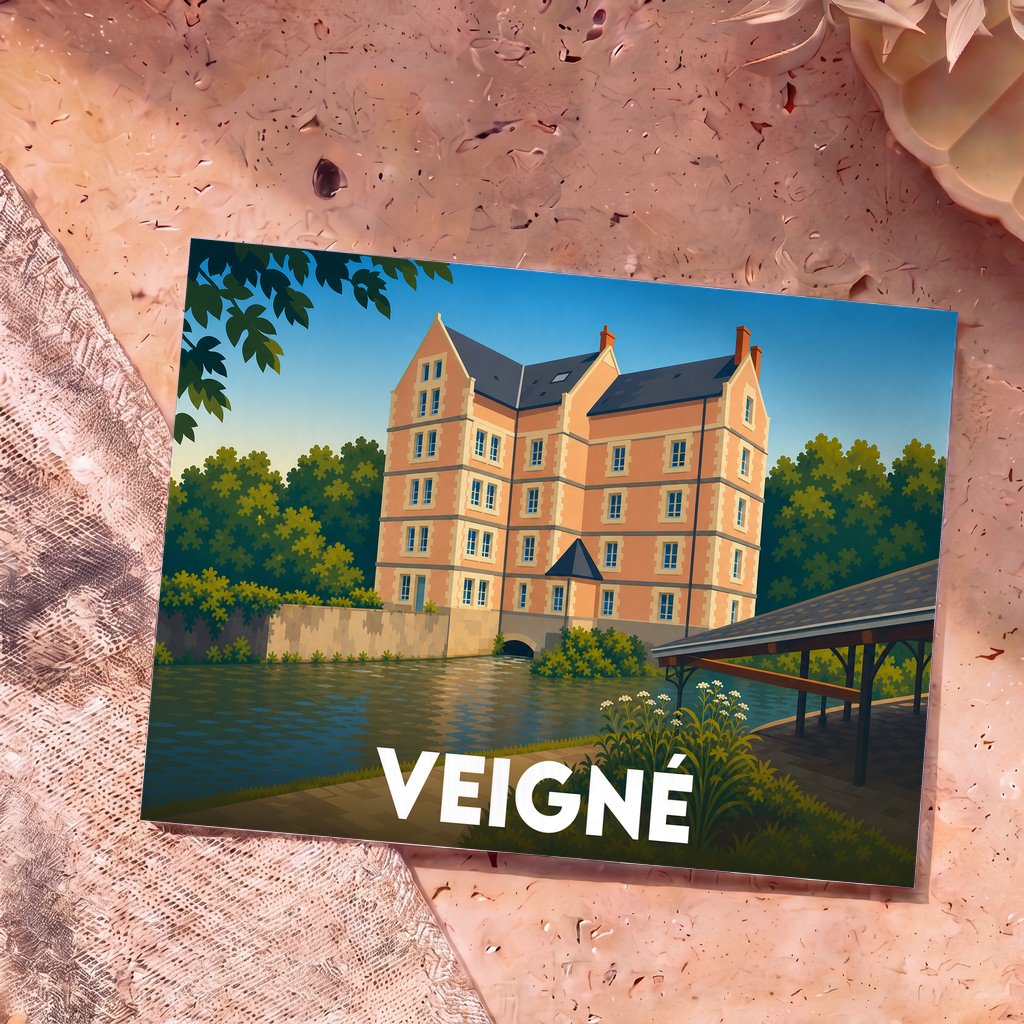 Carte postale souvenir de la ville de Veigné avec une illustration stylisée d'un moulin au bord de l'eau.
