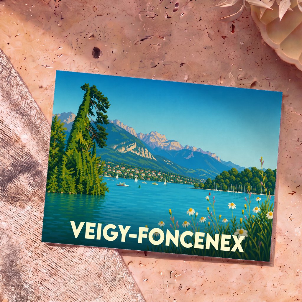 Carte postale souvenir de la ville de Veigy-Foncenex avec une illustration stylisée du lac Léman et des montagnes.