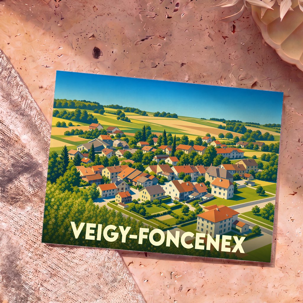 Carte postale souvenir de la ville de Veigy-Foncenex avec une illustration stylisée d'un village niché dans une campagne verdoyante.