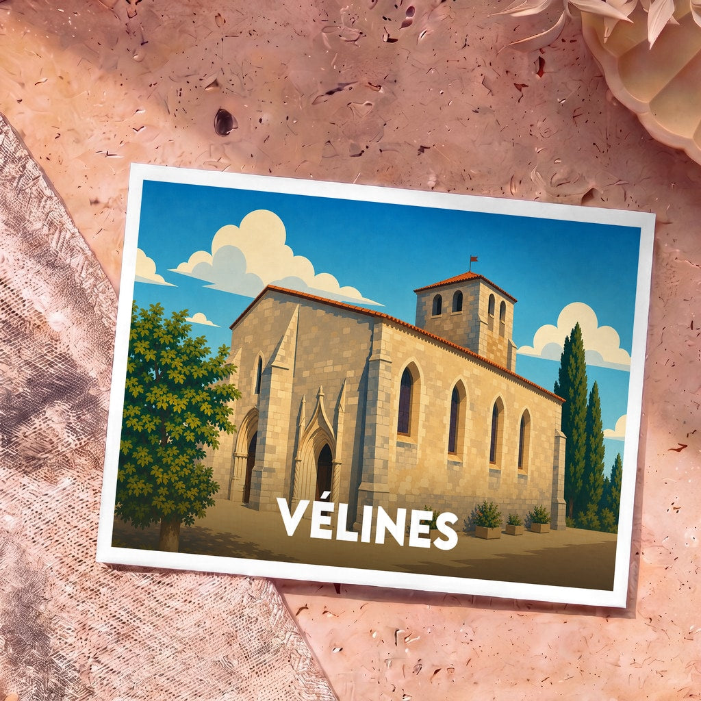 Carte postale souvenir de la ville de Vélines avec une illustration stylisée de son église.