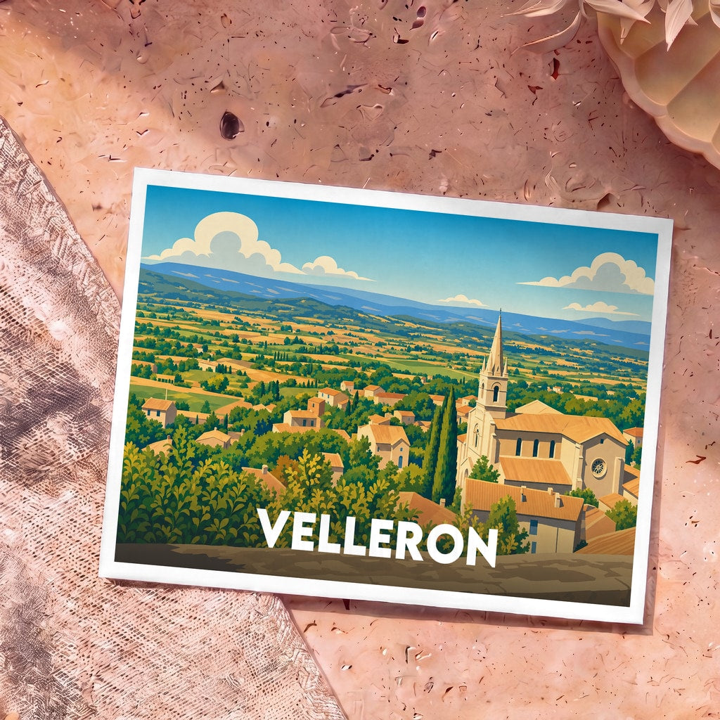 Carte postale souvenir de la ville de Velleron avec une illustration stylisée de ses paysages et de son église.