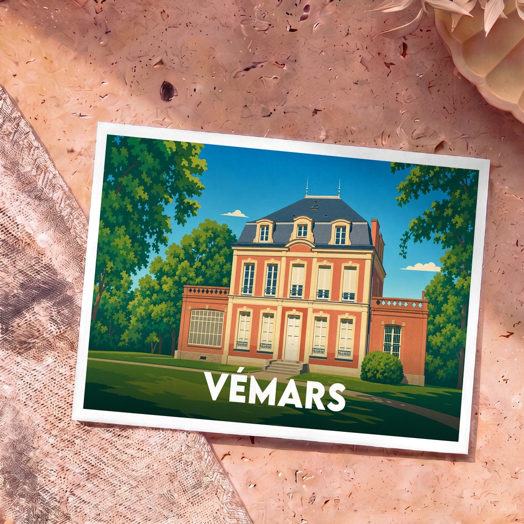 Carte postale souvenir de la ville de Vémars avec une illustration stylisée d'un château.