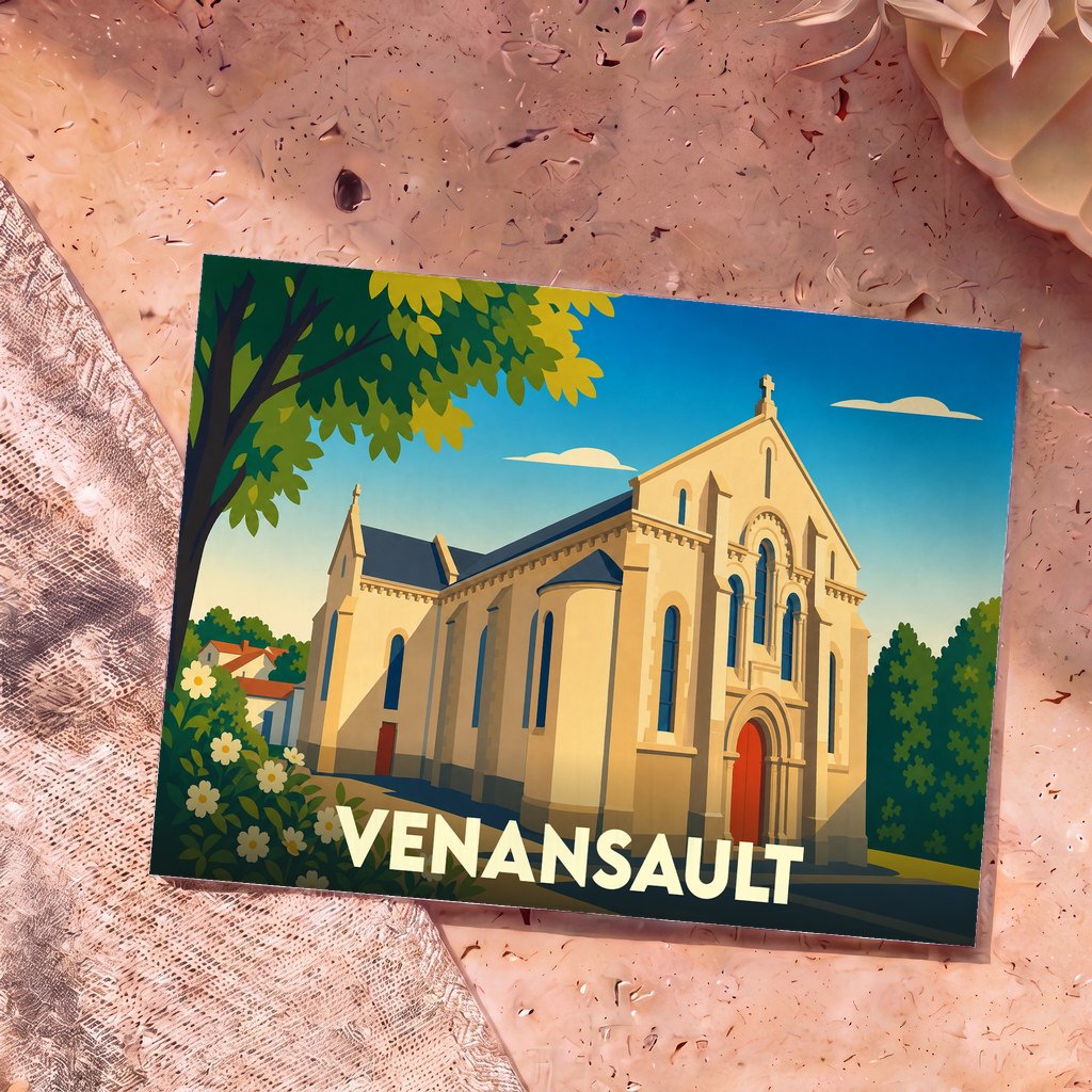 Carte postale souvenir de la ville de Venansault avec une illustration stylisée de son église.