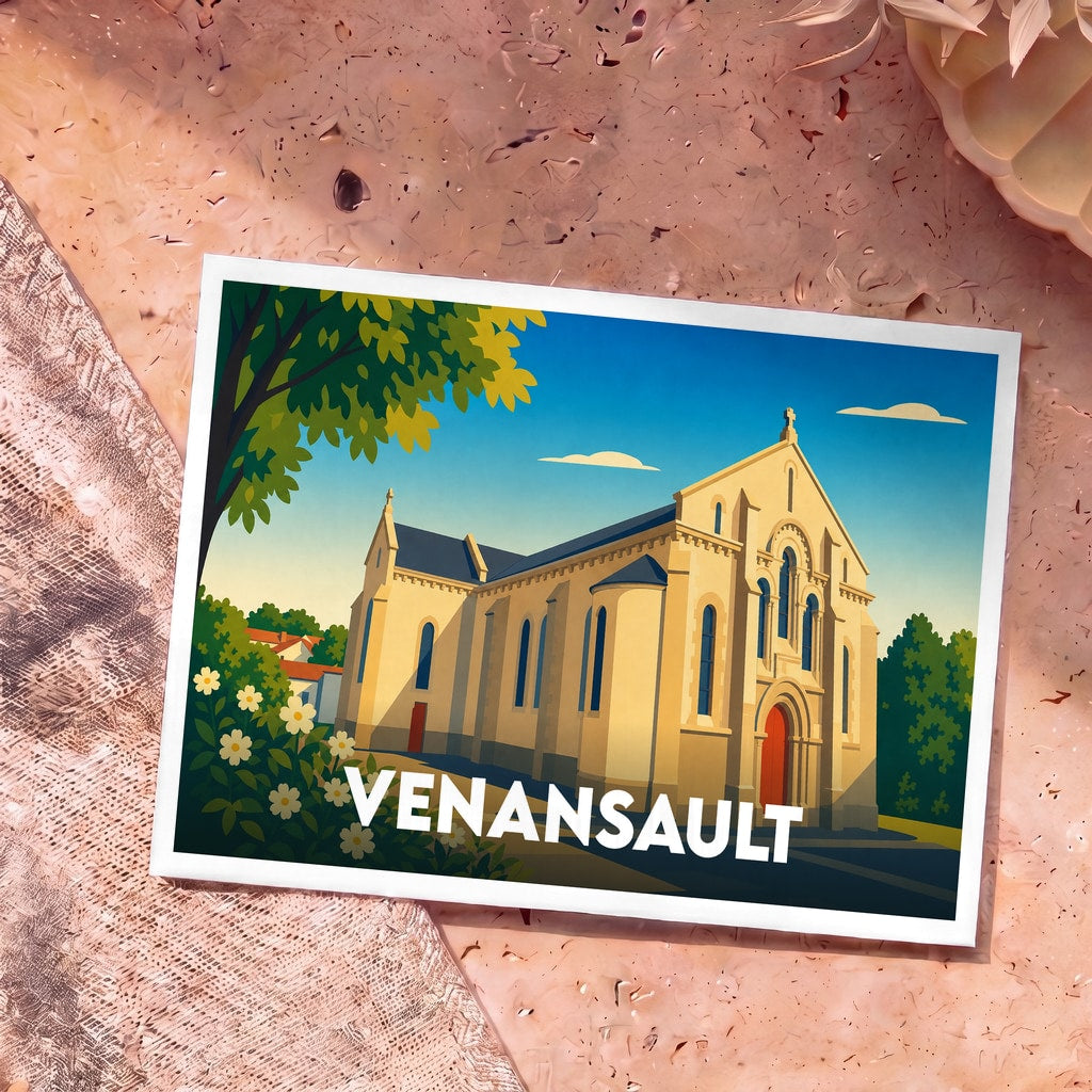 Carte postale souvenir de la ville de Venansault avec une illustration stylisée de son église.