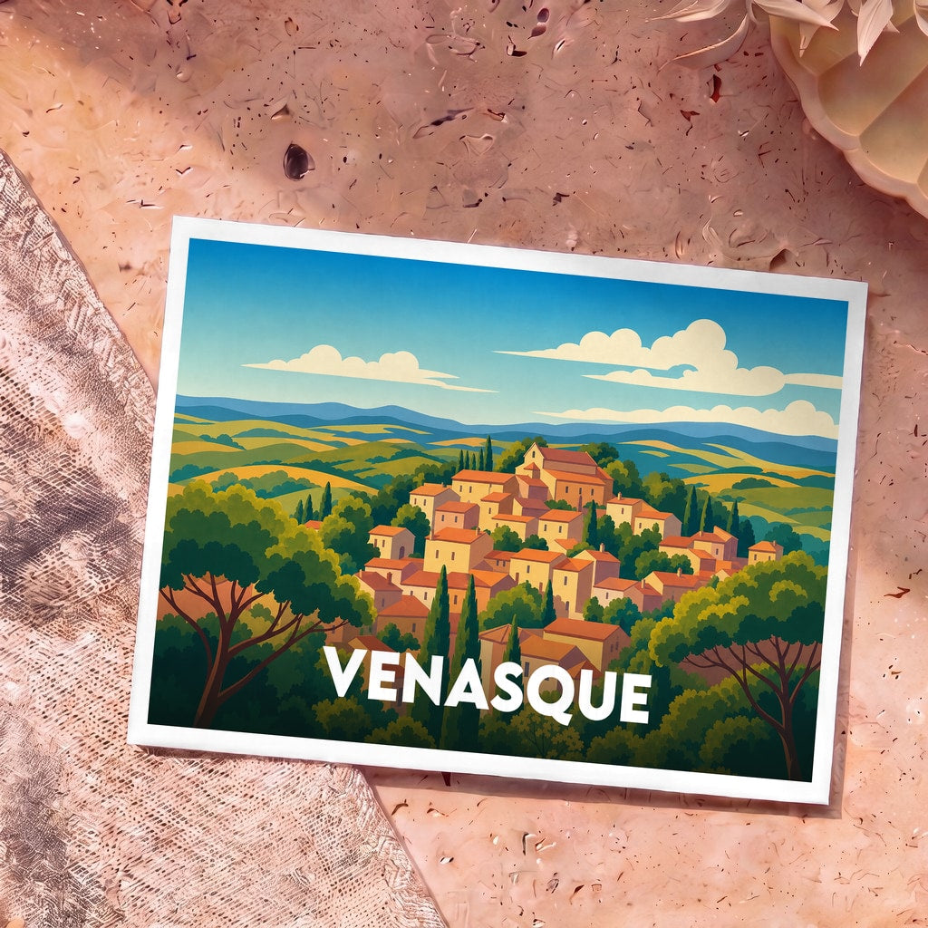 Carte postale souvenir de la ville de Venasque avec une illustration stylisée de ses collines et maisons provençales.