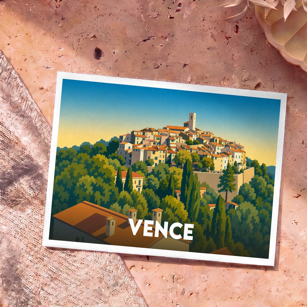 Carte postale souvenir de la ville de Vence avec une illustration stylisée d'un village perché.