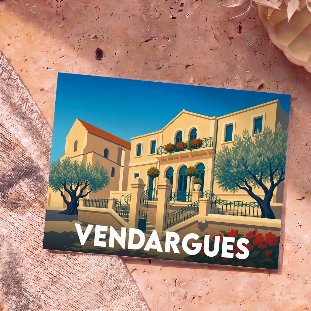 Carte postale souvenir de la ville de Vendargues avec une illustration stylisée d'un bâtiment provençal.