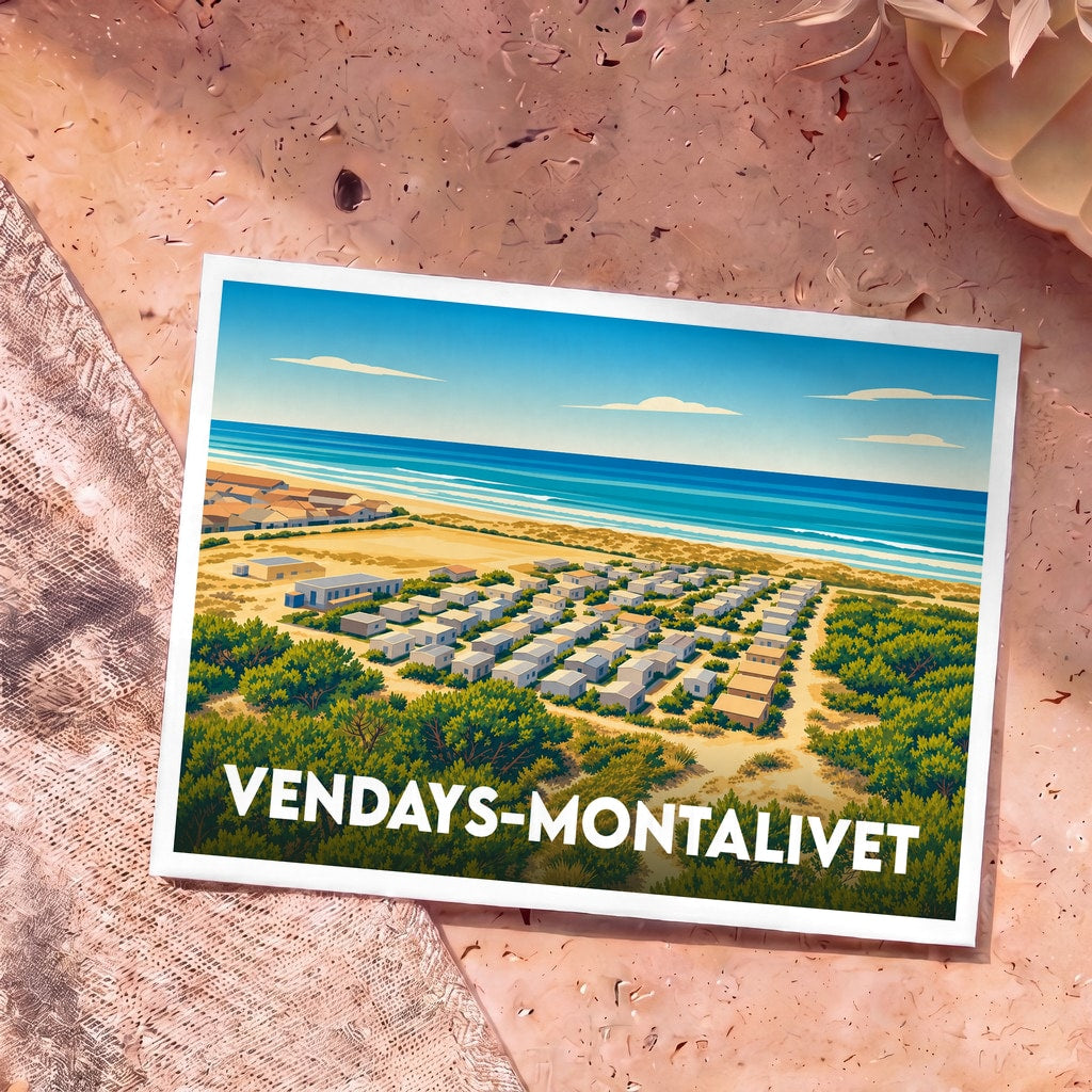 Carte postale souvenir de la ville de Vendays-Montalivet avec une illustration stylisée du littoral et de ses résidences.