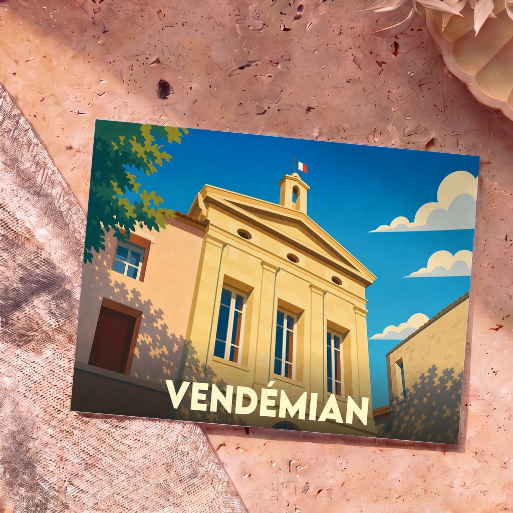 Carte postale souvenir de la ville de Vendémian avec une illustration stylisée de sa mairie sous un ciel bleu ensoleillé.