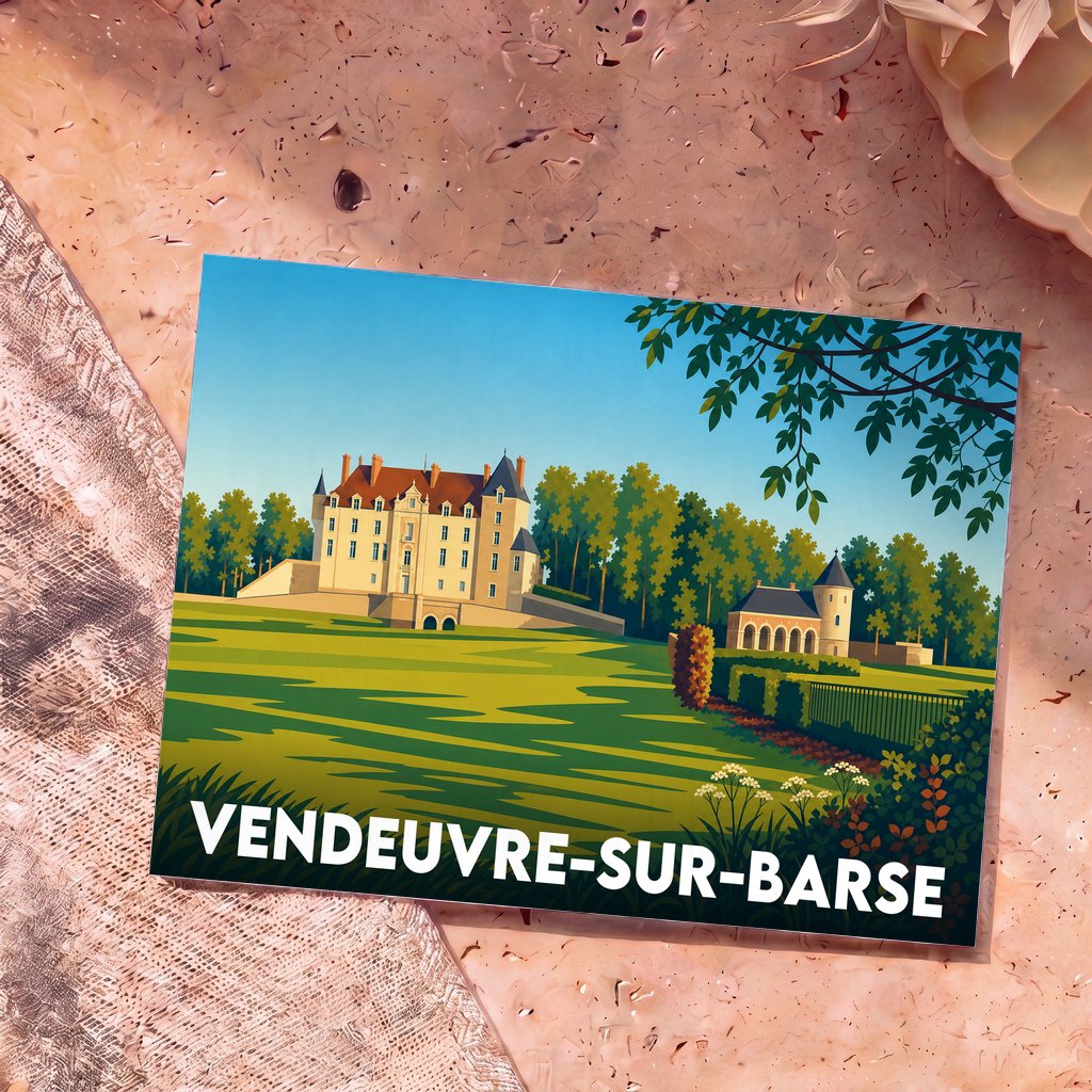 Carte postale souvenir de la ville de Vendeuvre-sur-Barse avec une illustration stylisée de son château.
