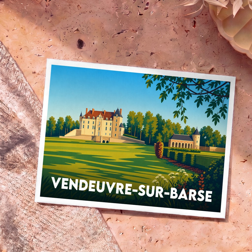 Carte postale souvenir de la ville de Vendeuvre-sur-Barse avec une illustration stylisée de son château.