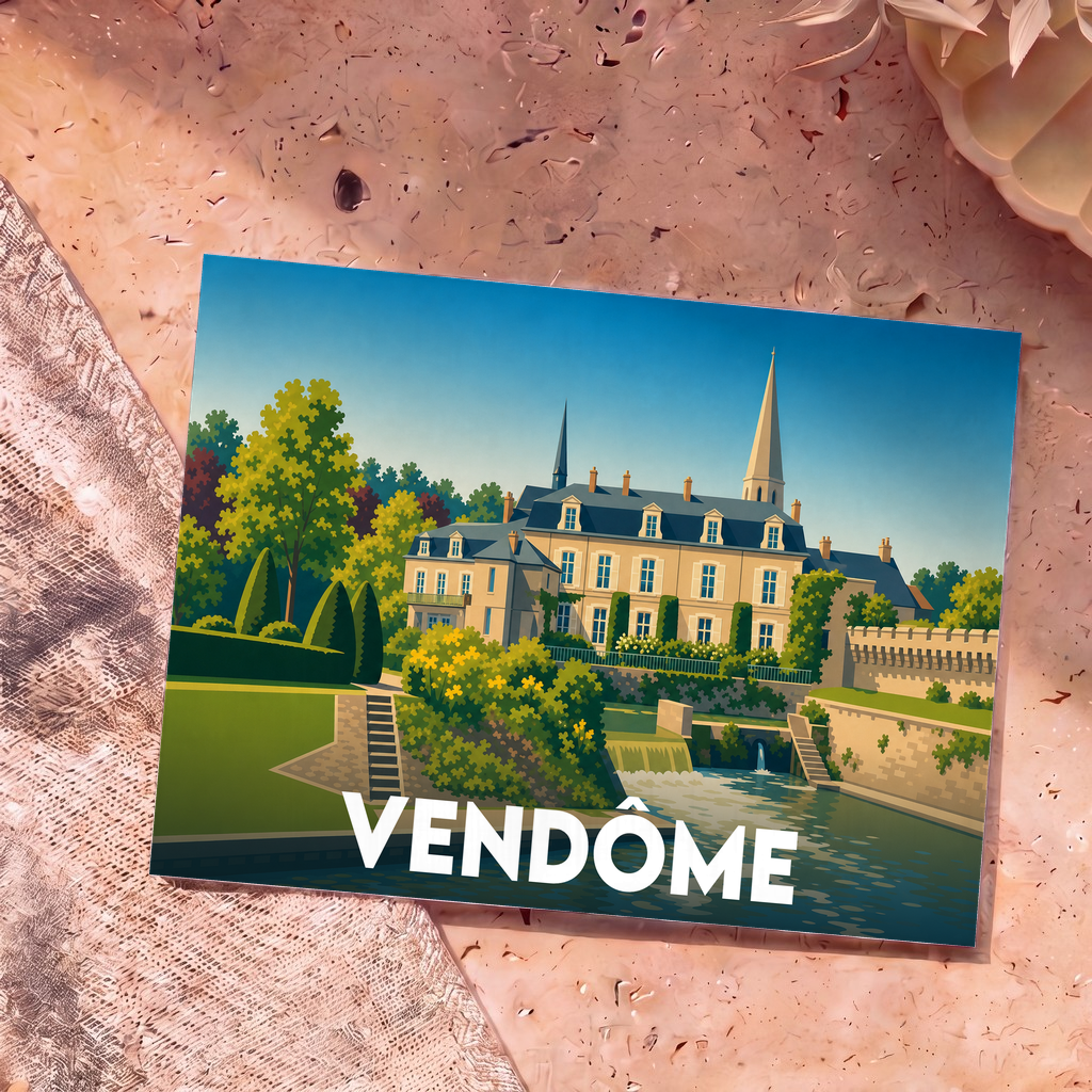 Carte postale souvenir de la ville de Vendôme avec une illustration stylisée de ses monuments et de son cours d'eau.