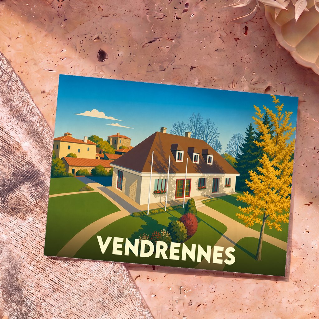 Carte postale souvenir de la ville de Vendrennes avec une illustration stylisée d'une maison traditionnelle sous un ciel bleu.