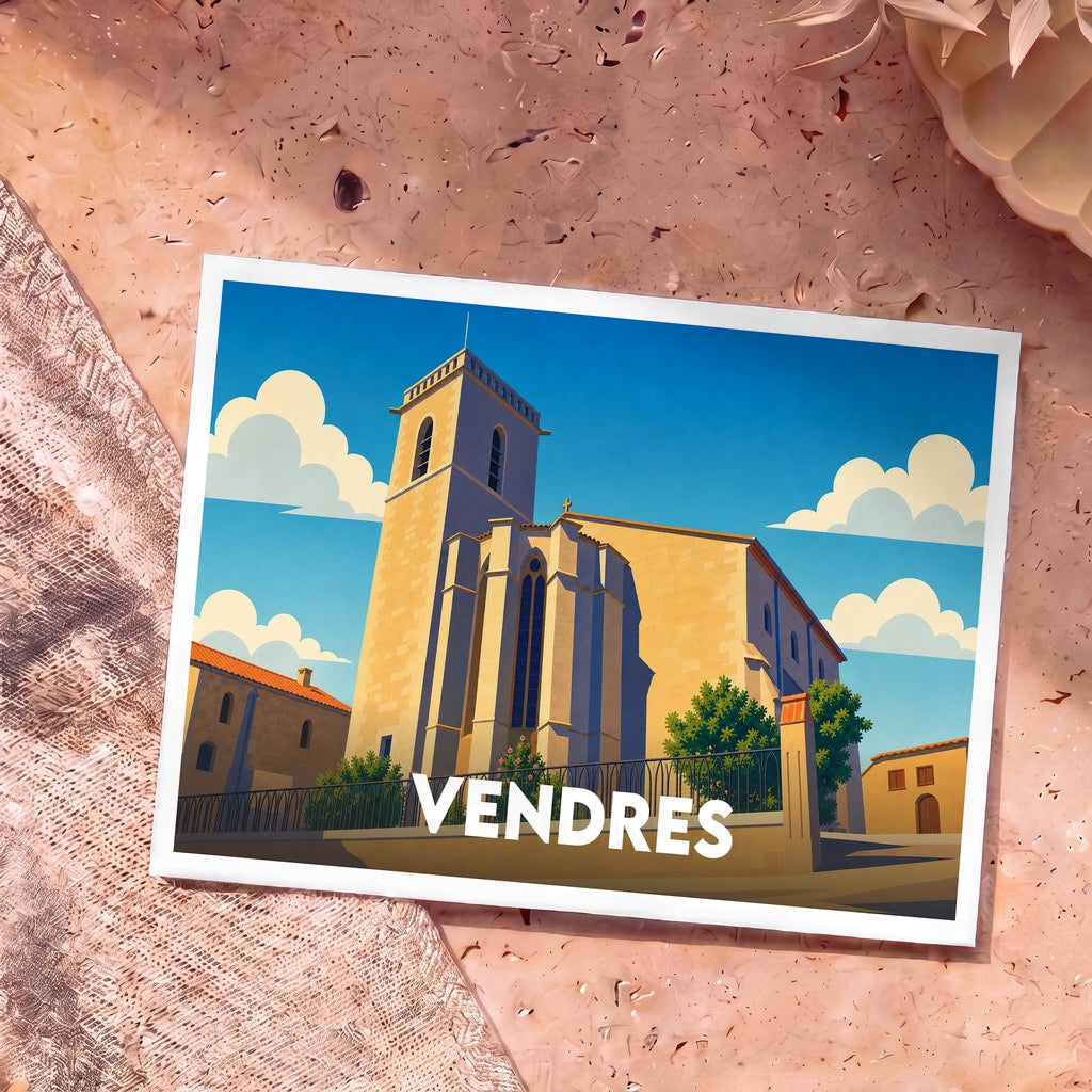 Carte postale souvenir de la ville de Vendres avec une illustration stylisée de son église sous un ciel bleu.