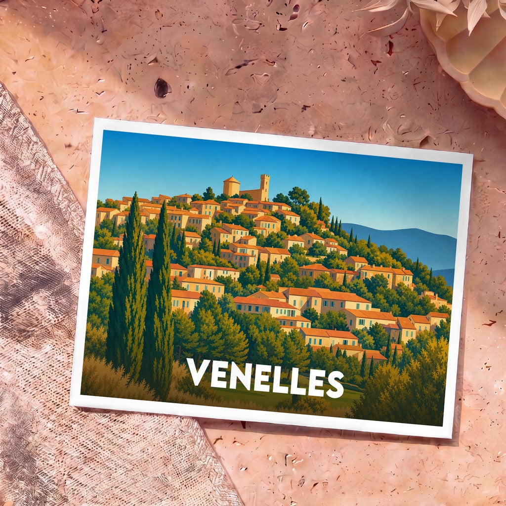 Carte postale souvenir de la ville de Venelles illustrant son village perché avec un style graphique coloré.