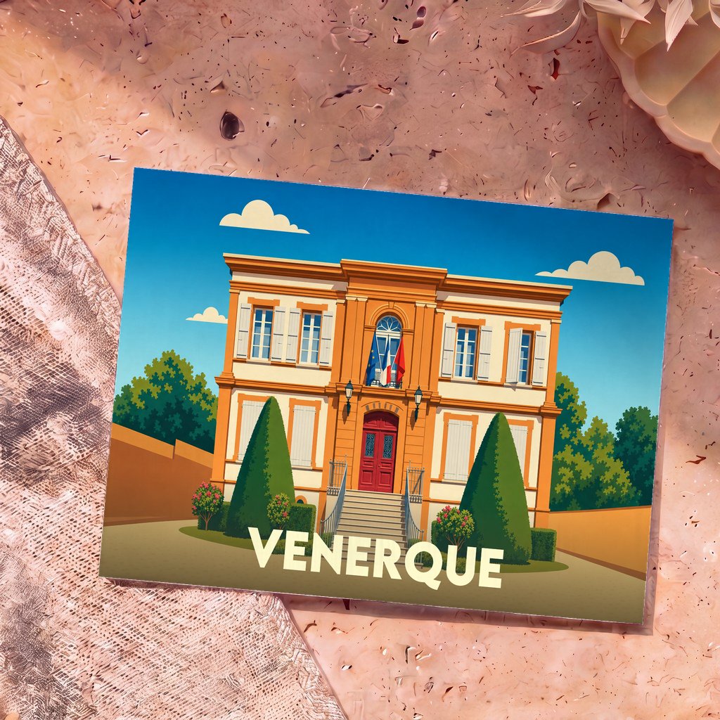 Carte postale souvenir de la ville de Venerque avec une illustration stylisée de sa mairie.