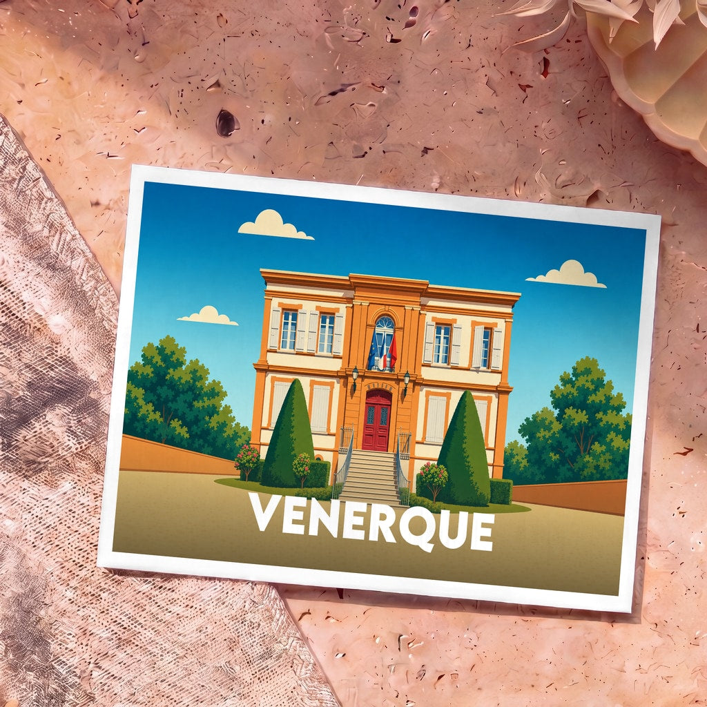Carte postale souvenir de la ville de Venerque avec une illustration stylisée de sa mairie.