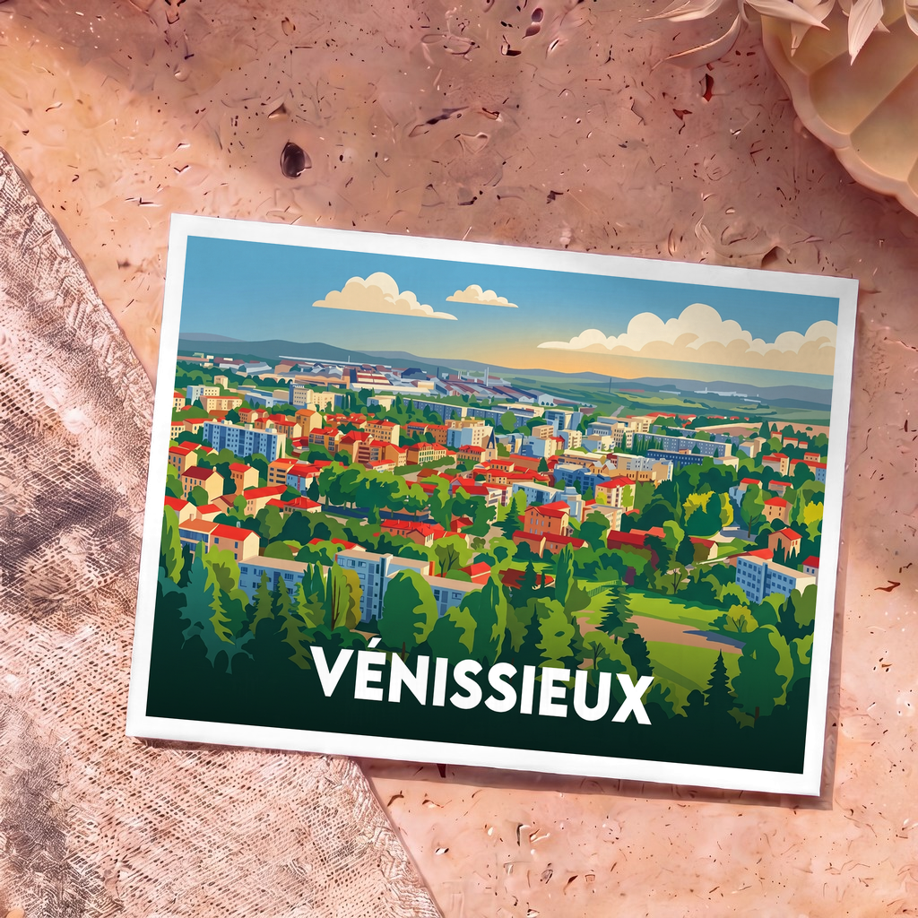 Carte postale souvenir de la ville de Vénissieux avec une illustration panoramique et colorée.