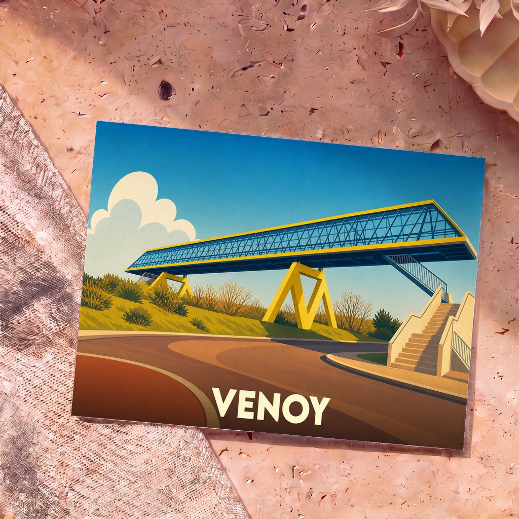 Carte postale souvenir de la ville de Venoy illustrant sa passerelle emblématique dans un style graphique épuré.