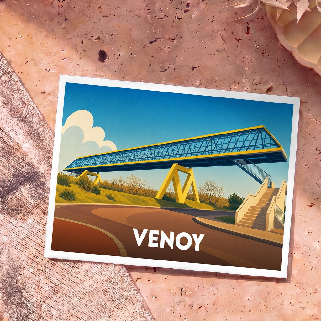 Carte postale souvenir de la ville de Venoy illustrant sa passerelle emblématique dans un style graphique épuré.