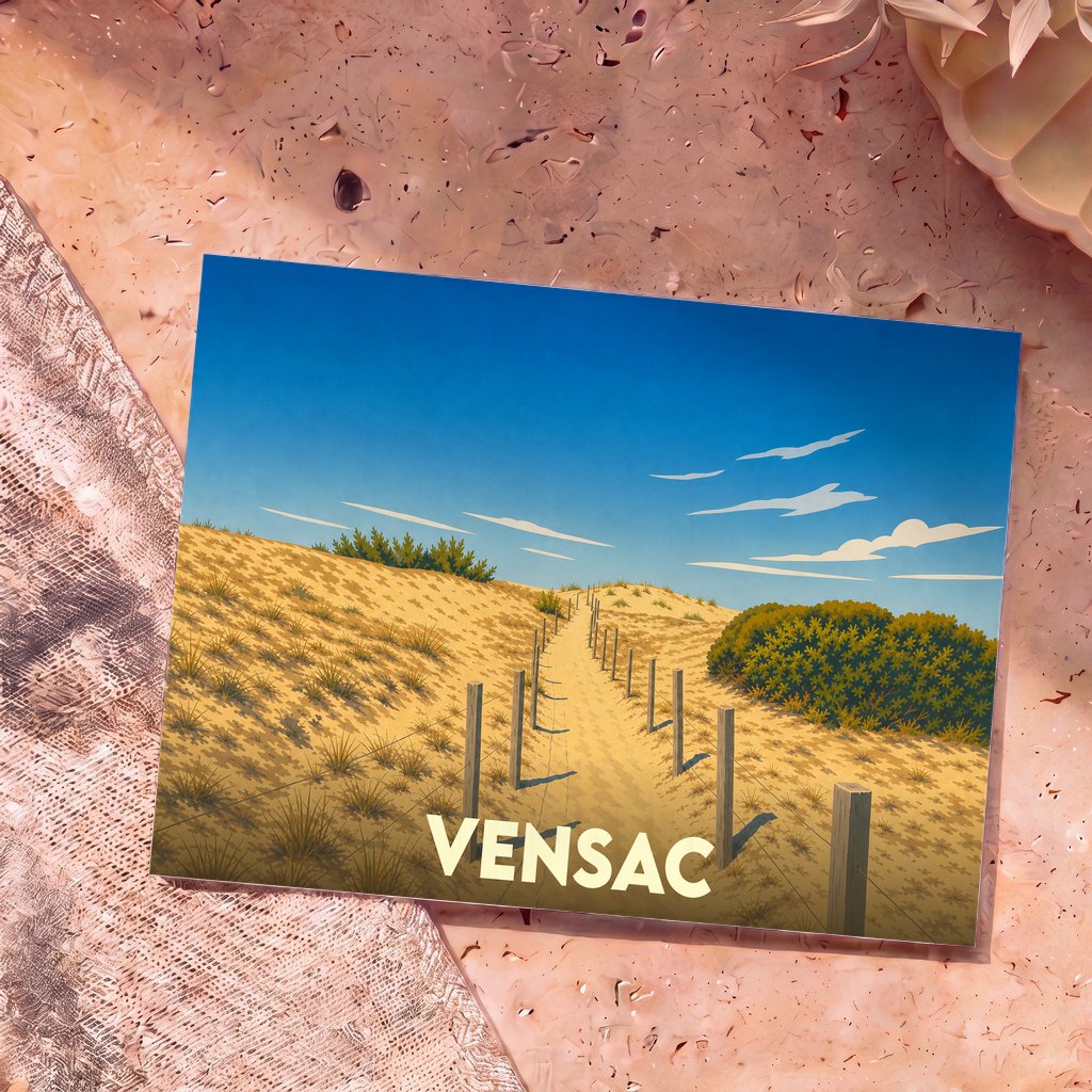 Carte postale souvenir de la ville de Vensac illustrant un sentier à travers les dunes de sable.