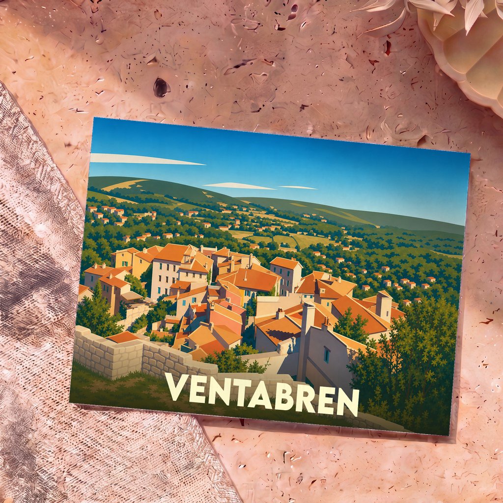 Carte postale souvenir de la ville de Ventabren illustrant son village perché au style graphique épuré.