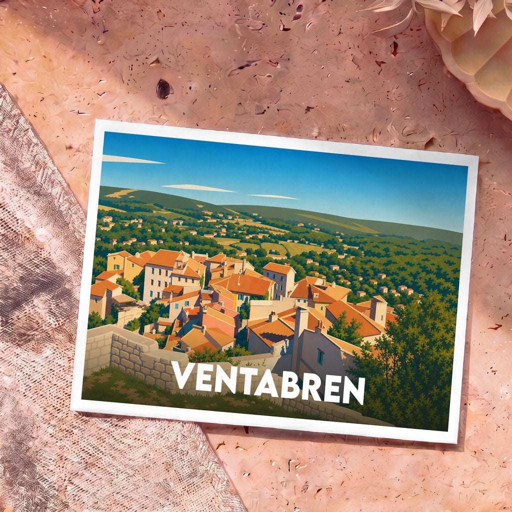 Carte postale souvenir de la ville de Ventabren illustrant son village perché au style graphique épuré.