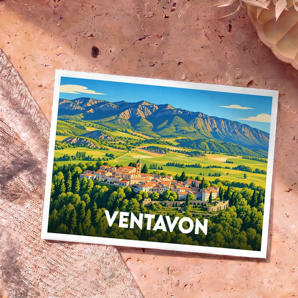 Carte postale souvenir de la ville de Ventavon illustrant le village niché au cœur d'un paysage montagneux verdoyant.