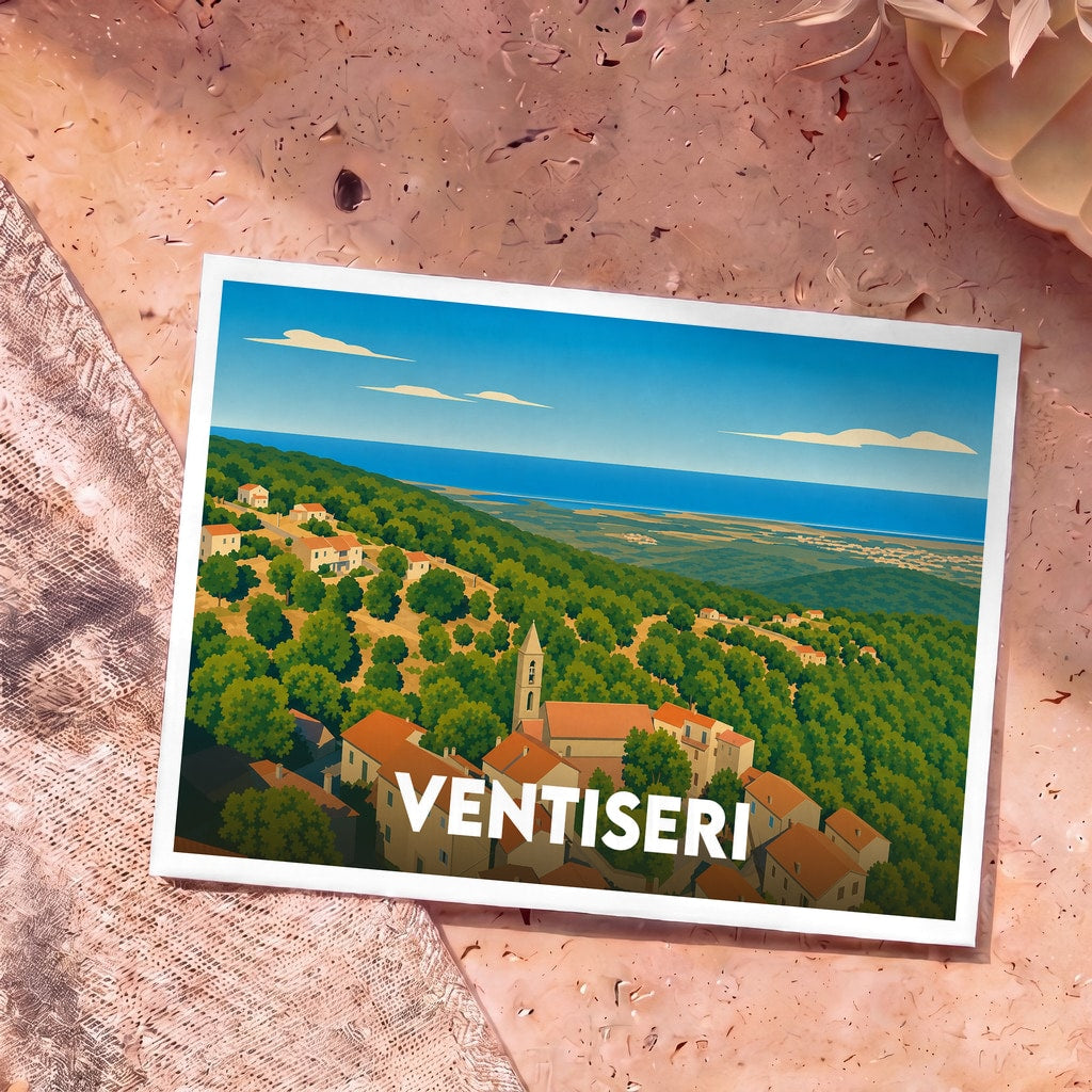 Carte postale souvenir de la ville de Ventiseri arborant une illustration stylisée d'un village corse en bord de mer.