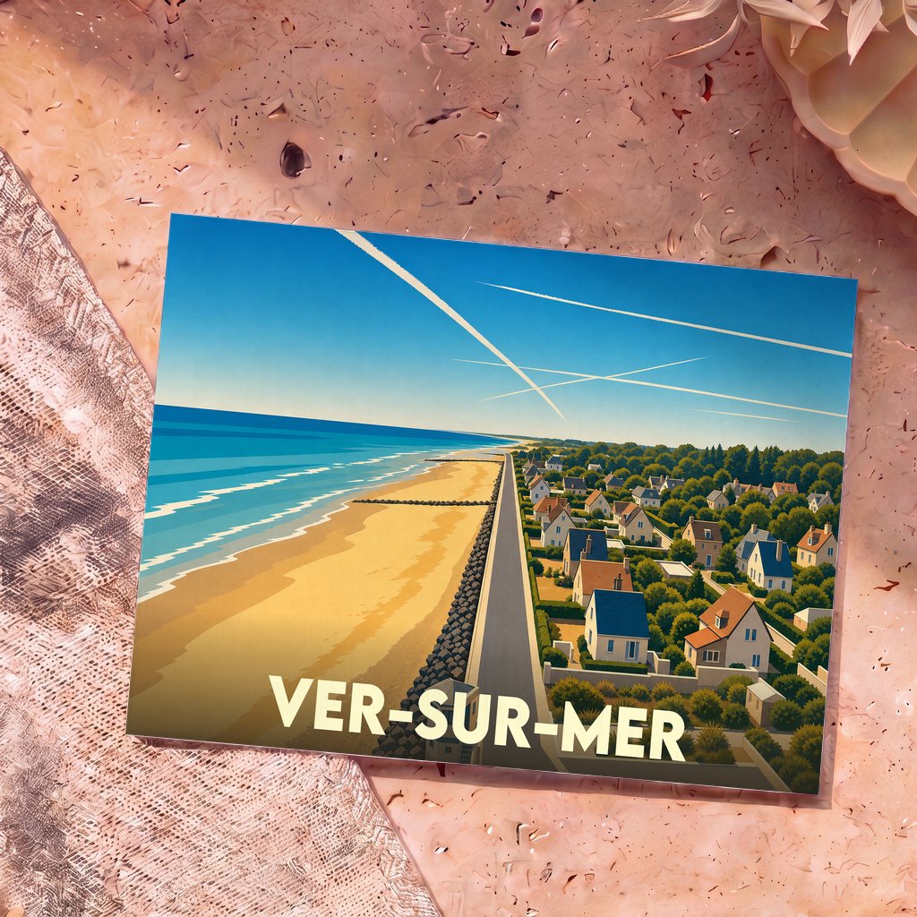 Carte postale souvenir de la ville de Ver-sur-Mer avec une illustration stylisée montrant la plage et le bord de mer.