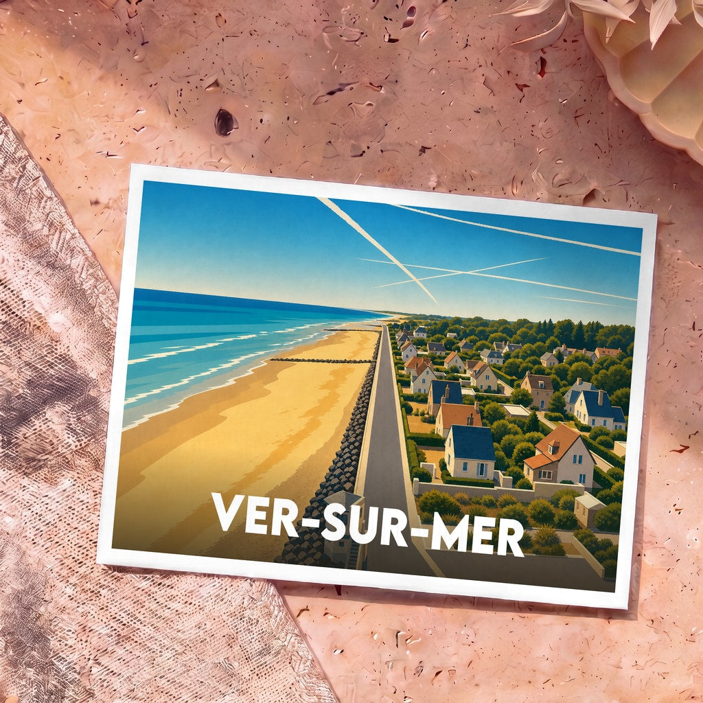 Carte postale souvenir de la ville de Ver-sur-Mer avec une illustration stylisée montrant la plage et le bord de mer.