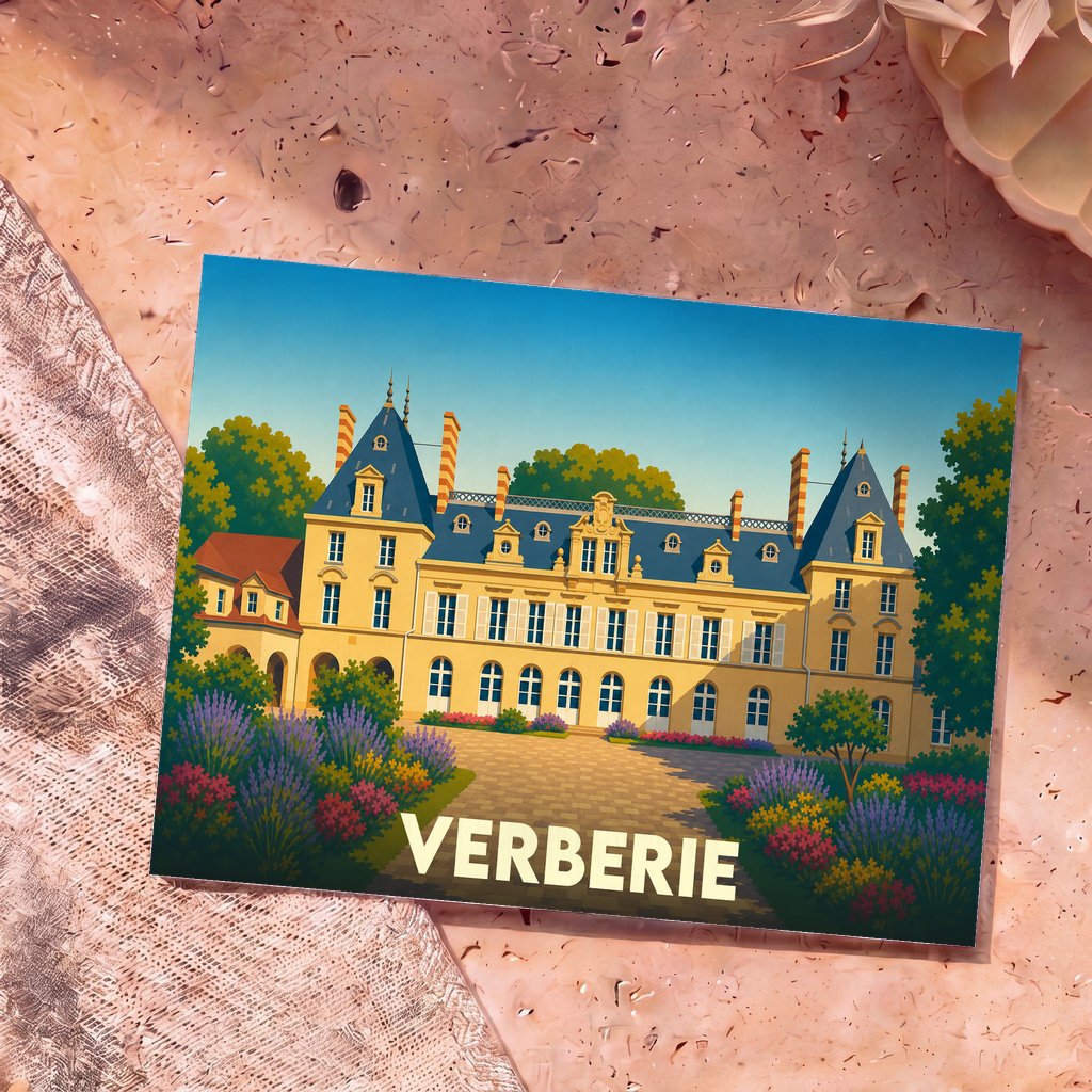 Carte postale souvenir de la ville de Verberie illustrant un château majestueux entouré de jardins fleuris dans un style graphique épuré.