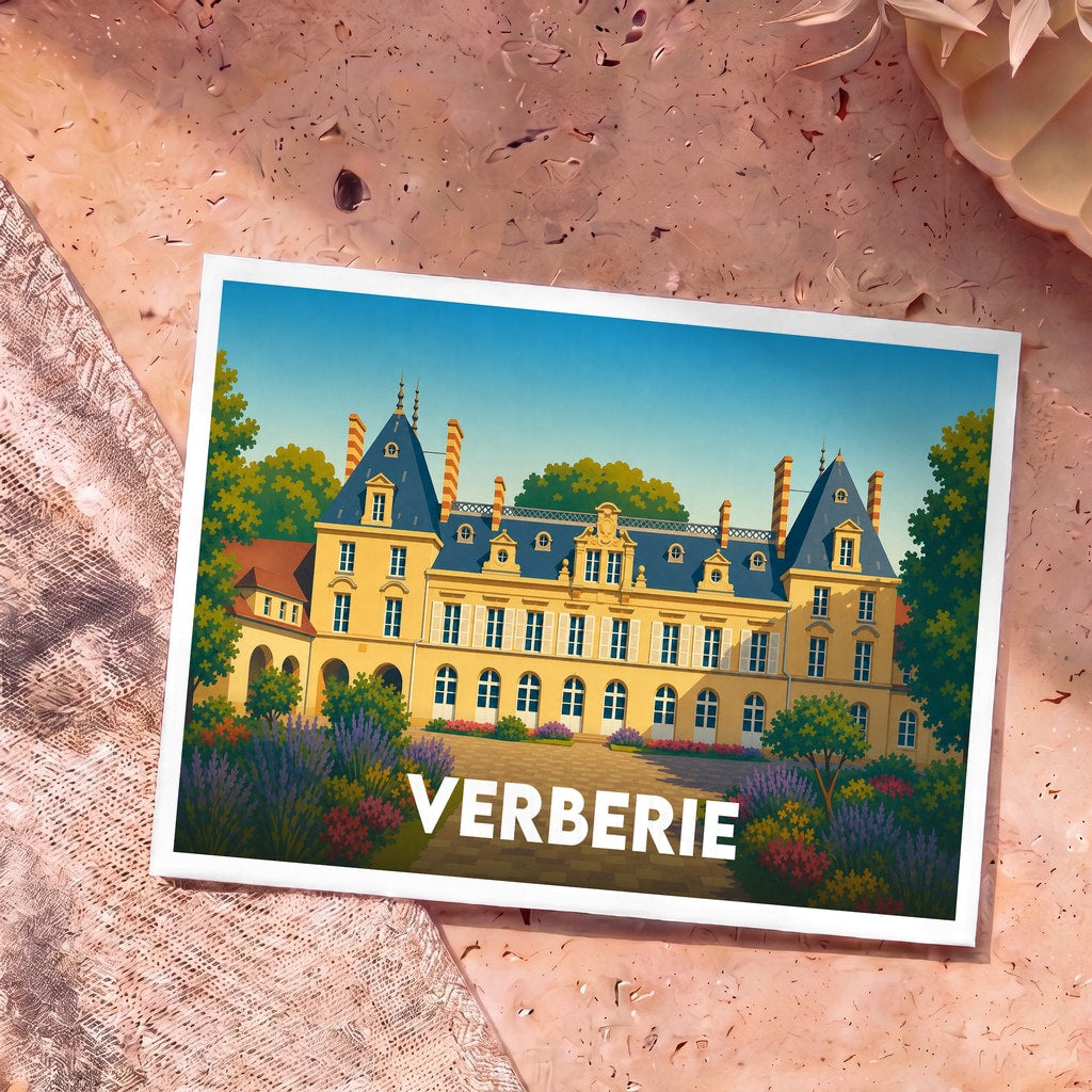 Carte postale souvenir de la ville de Verberie illustrant un château majestueux entouré de jardins fleuris dans un style graphique épuré.