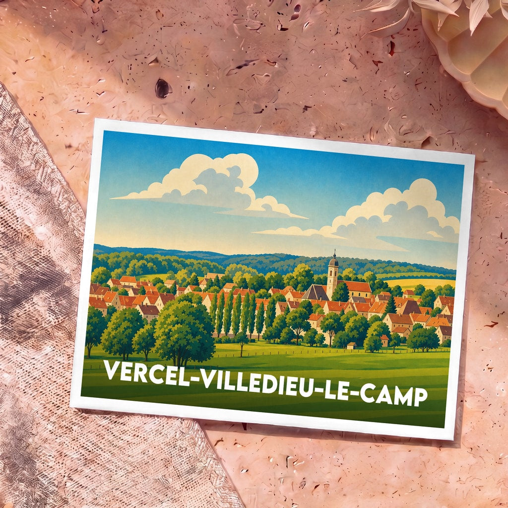 Carte postale souvenir de la ville de Vercel-Villedieu-le-Camp avec une illustration stylisée d'un village pittoresque.