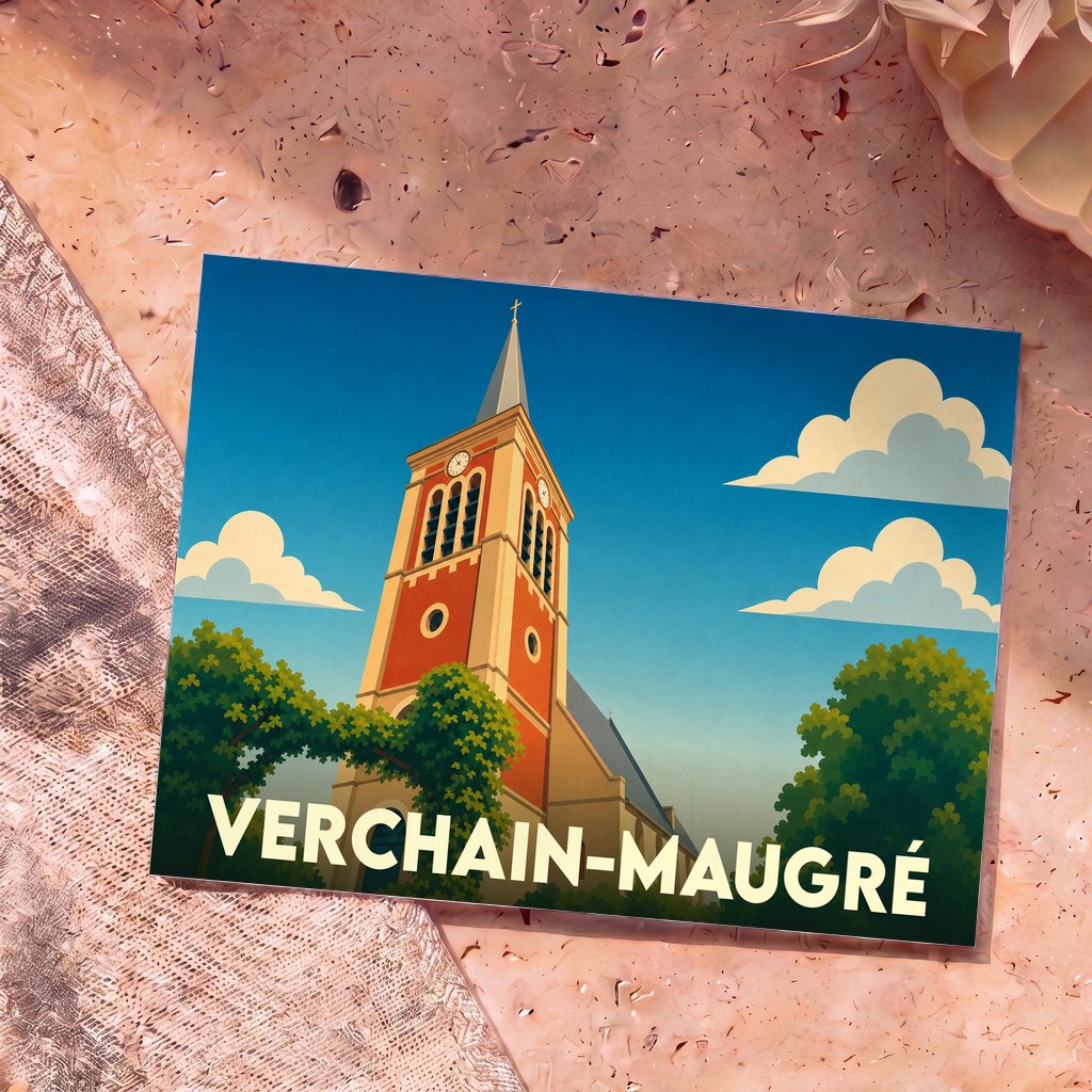 Carte postale souvenir de la ville de Verchain-Maugré avec une illustration stylisée de son église.